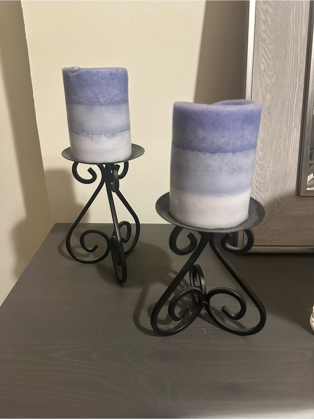 Blue Ombre Pillar Candle Pair on Black Metal Holders